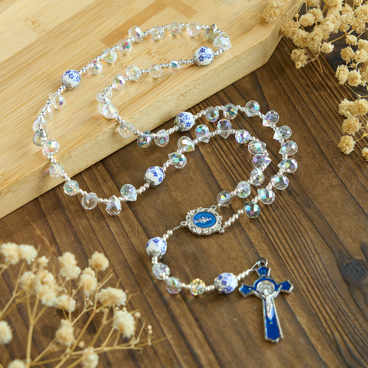 Christianartworkshop Shining Crystal and Blue Floral  Beads Rosary with Enamel Crucifix & Our Lady - image 4