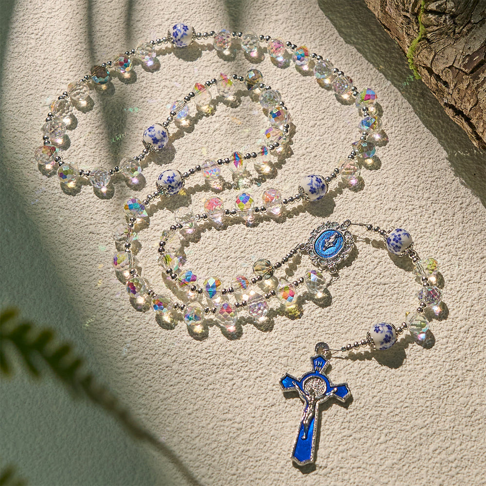 Christianartworkshop Shining Crystal and Blue Floral  Beads Rosary with Enamel Crucifix & Our Lady - image 2