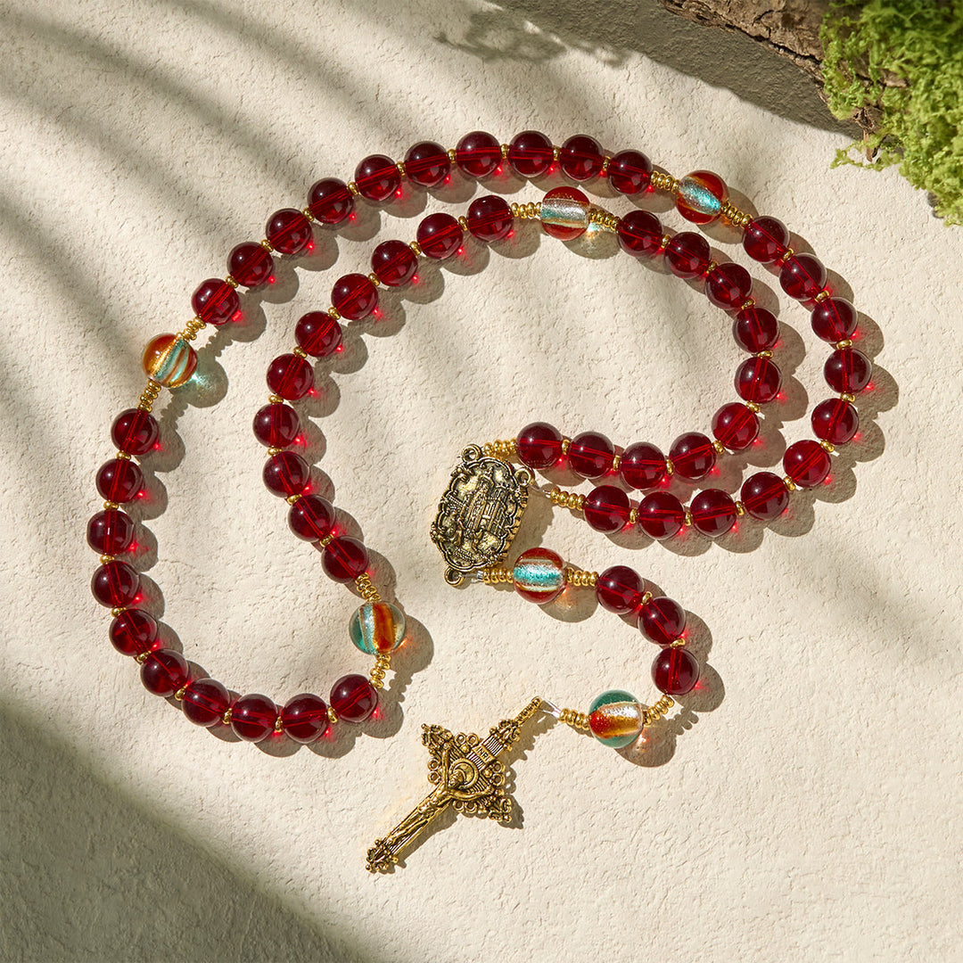 Christianartworkshop Our Lady of Fatima Rosary with Wine Red and Shining Rainbow Beads of Grace - image 4