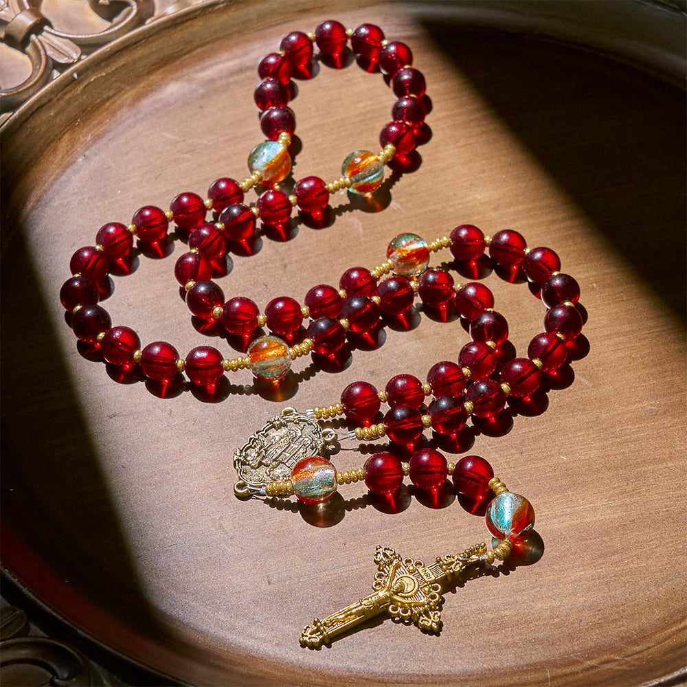 Christianartworkshop Our Lady of Fatima Rosary with Wine Red and Shining Rainbow Beads of Grace - image 2