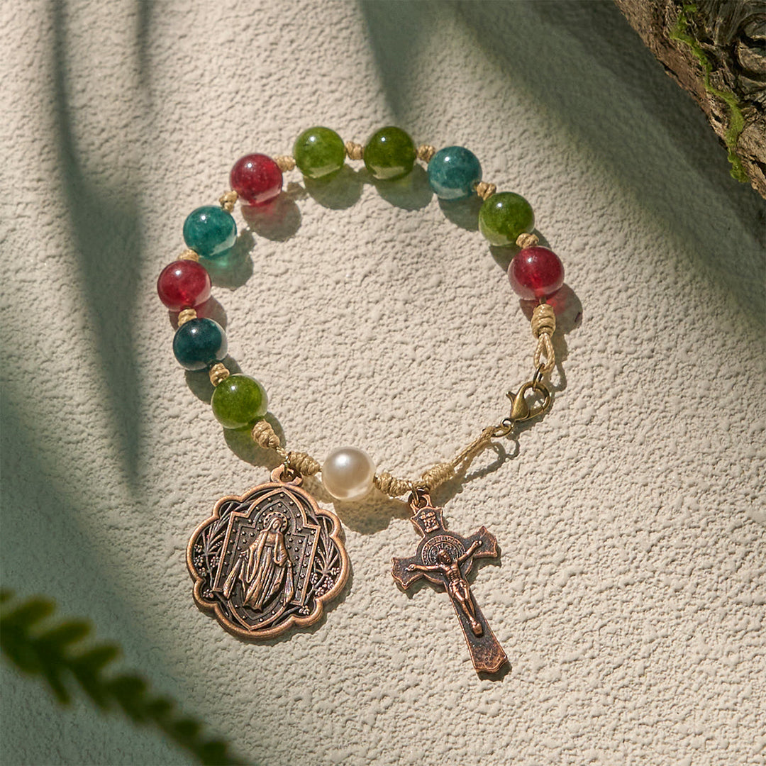 FREE Today: 10mm Natural Tourmaline Agate Bracelets with Miraculous Medal & Crucifix - Tourmaline Agate - image 1