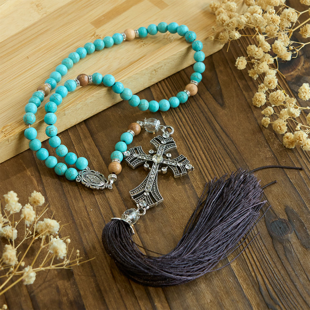 Christianartworkshop Modern Grace Turquoise Gemstone Rosary with Tassel Cross Pendant - Turquoise - image 1