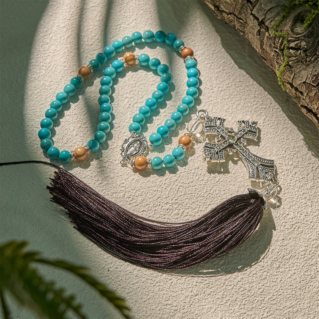 Christianartworkshop Modern Grace Turquoise Gemstone Rosary with Tassel Cross Pendant - image 4