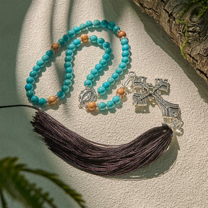 Christianartworkshop Modern Grace Turquoise Gemstone Rosary with Tassel Cross Pendant - image 4