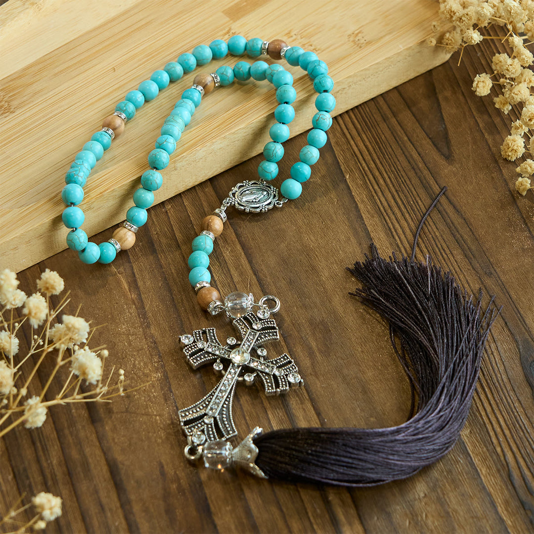 Christianartworkshop Modern Grace Turquoise Gemstone Rosary with Tassel Cross Pendant - image 6