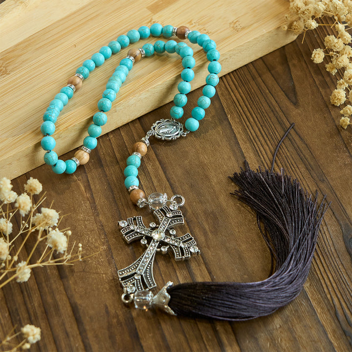 Christianartworkshop Modern Grace Turquoise Gemstone Rosary with Tassel Cross Pendant - image 6