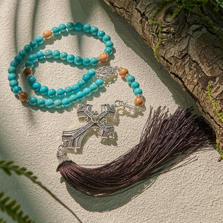 Christianartworkshop Modern Grace Turquoise Gemstone Rosary with Tassel Cross Pendant - image 3