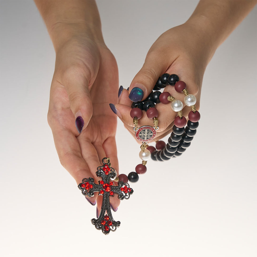 Christianartworkshop Devotional Black and Red Rosary with St. Benedict Blessing and Red Ornate Cross - image 6