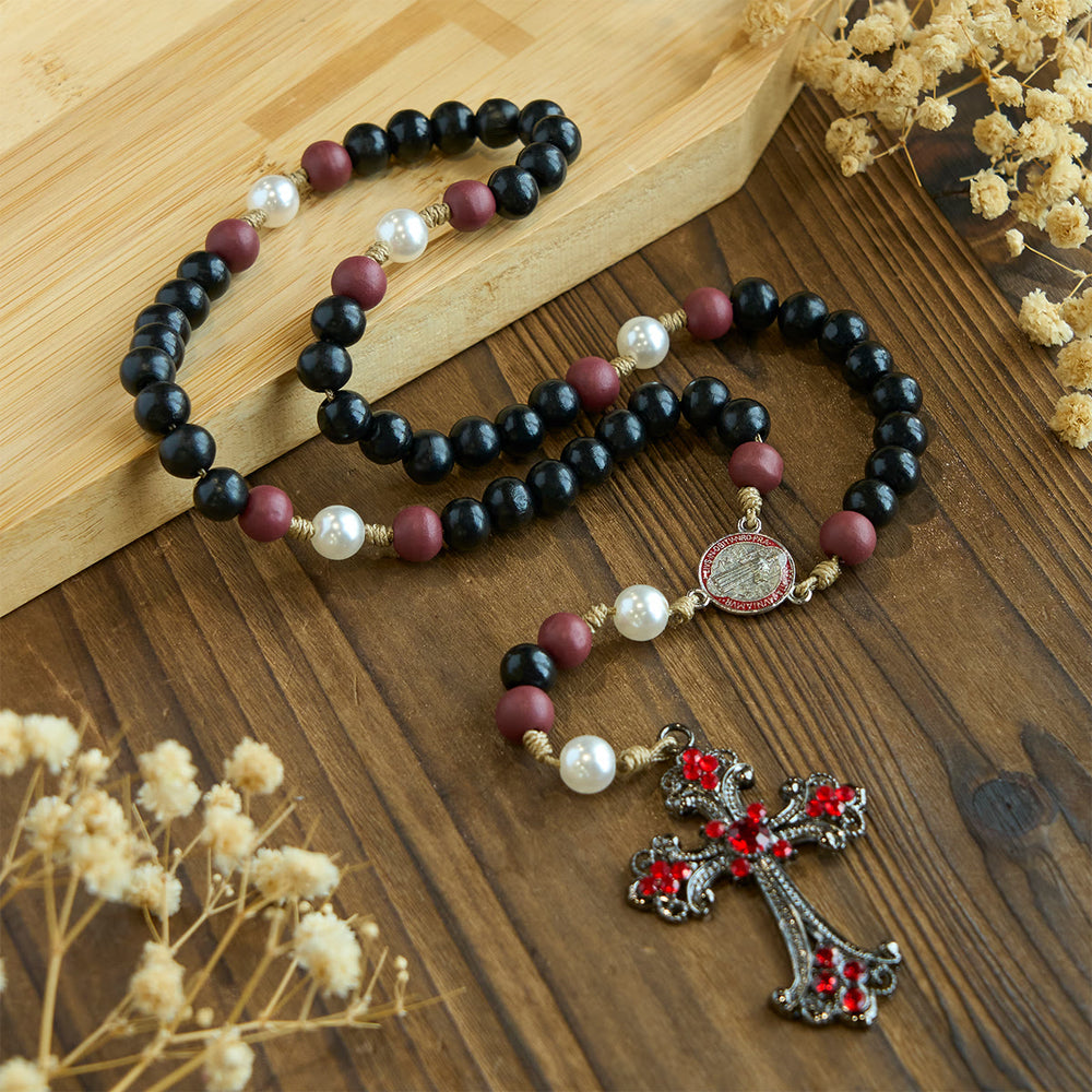 Christianartworkshop Devotional Black and Red Rosary with St. Benedict Blessing and Red Ornate Cross - image 2