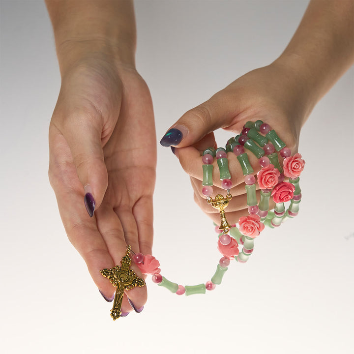 Christianartworkshop Peaceful Bamboo and Pink Floral Rosary with Crucifix and Holy Chalice - image 7