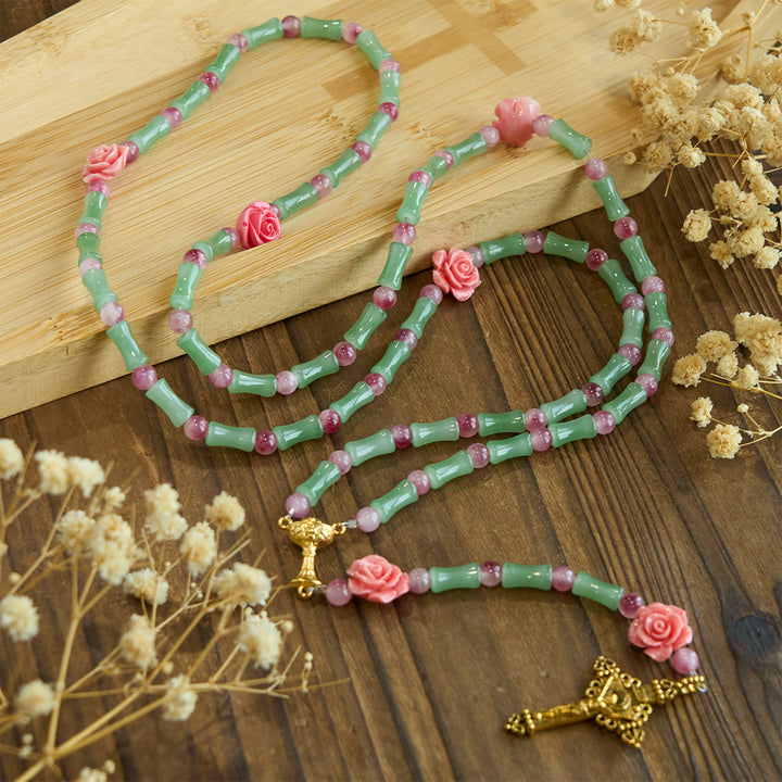 Christianartworkshop Peaceful Bamboo and Pink Floral Rosary with Crucifix and Holy Chalice - image 6