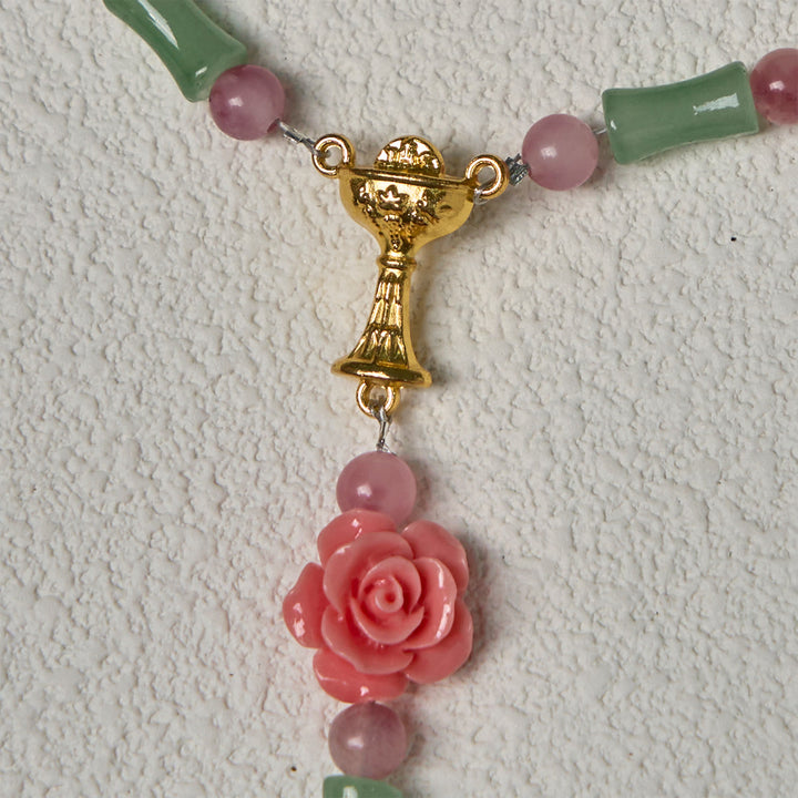 Christianartworkshop Peaceful Bamboo and Pink Floral Rosary with Crucifix and Holy Chalice - image 10