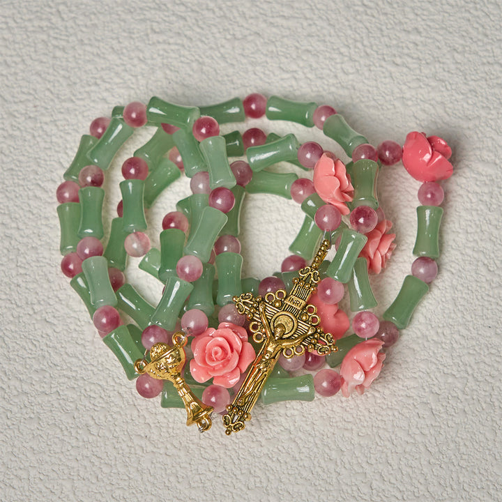 Christianartworkshop Peaceful Bamboo and Pink Floral Rosary with Crucifix and Holy Chalice - image 8