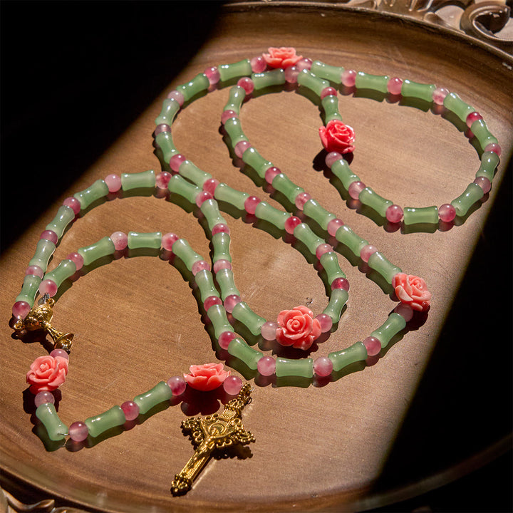 Christianartworkshop Peaceful Bamboo and Pink Floral Rosary with Crucifix and Holy Chalice - image 4