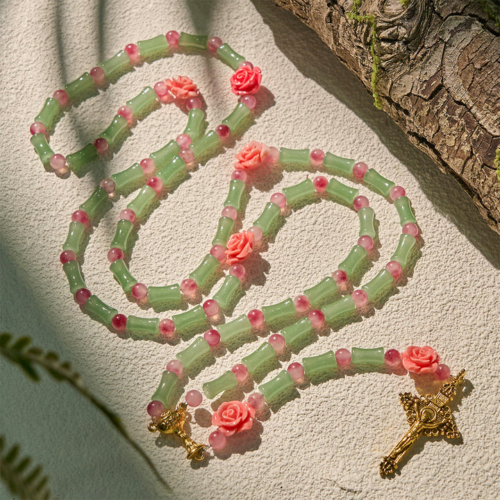 Christianartworkshop Peaceful Bamboo and Pink Floral Rosary with Crucifix and Holy Chalice - image 3