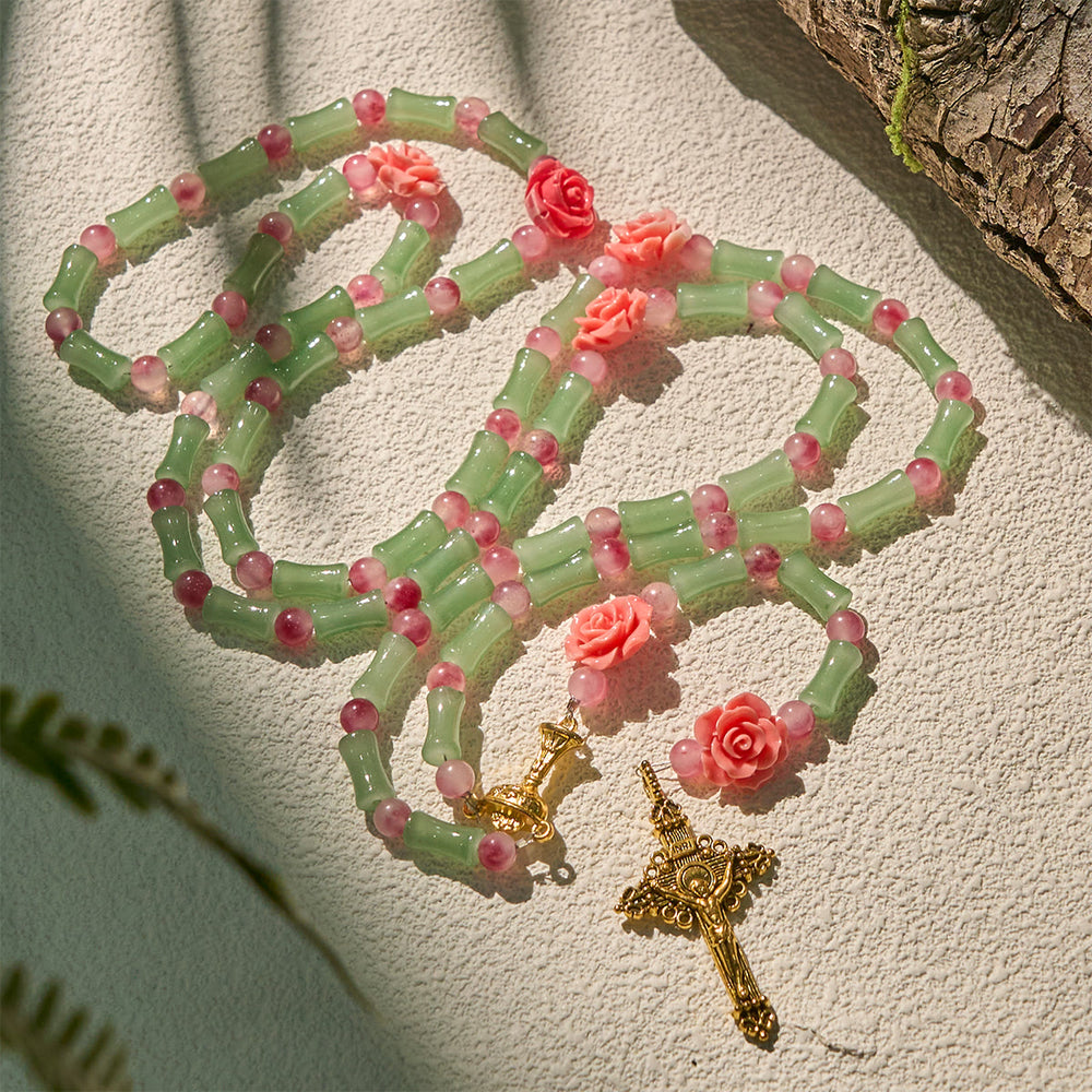 Christianartworkshop Peaceful Bamboo and Pink Floral Rosary with Crucifix and Holy Chalice - image 2