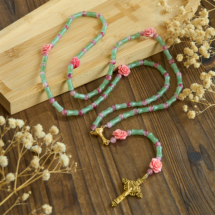 Christianartworkshop Peaceful Bamboo and Pink Floral Rosary with Crucifix and Holy Chalice - image 5