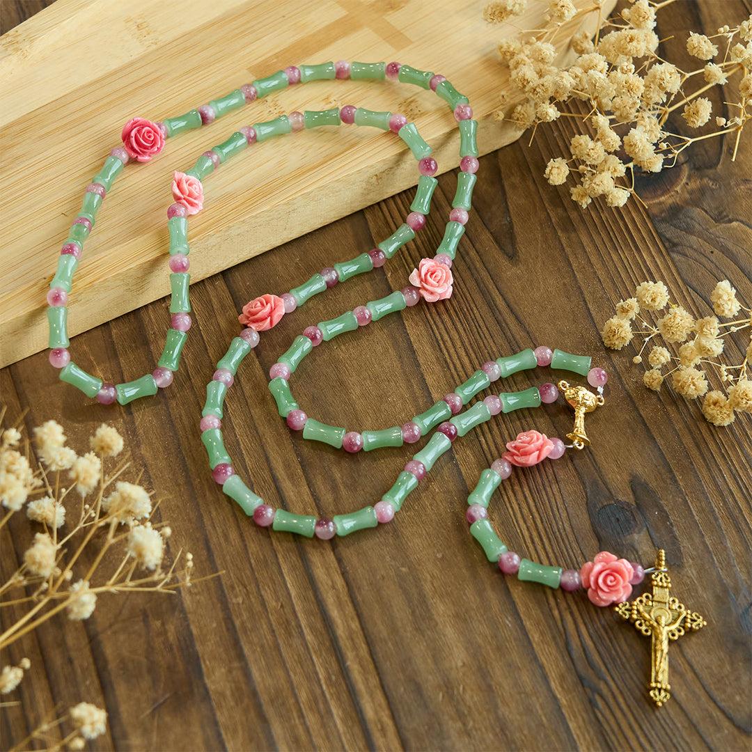 Christianartworkshop Peaceful Bamboo and Pink Floral Rosary with Crucifix and Holy Chalice - Holy Chalice & Crucifix - image 1