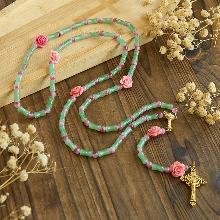 Christianartworkshop Peaceful Bamboo and Pink Floral Rosary with Crucifix and Holy Chalice - Holy Chalice & Crucifix - image 1