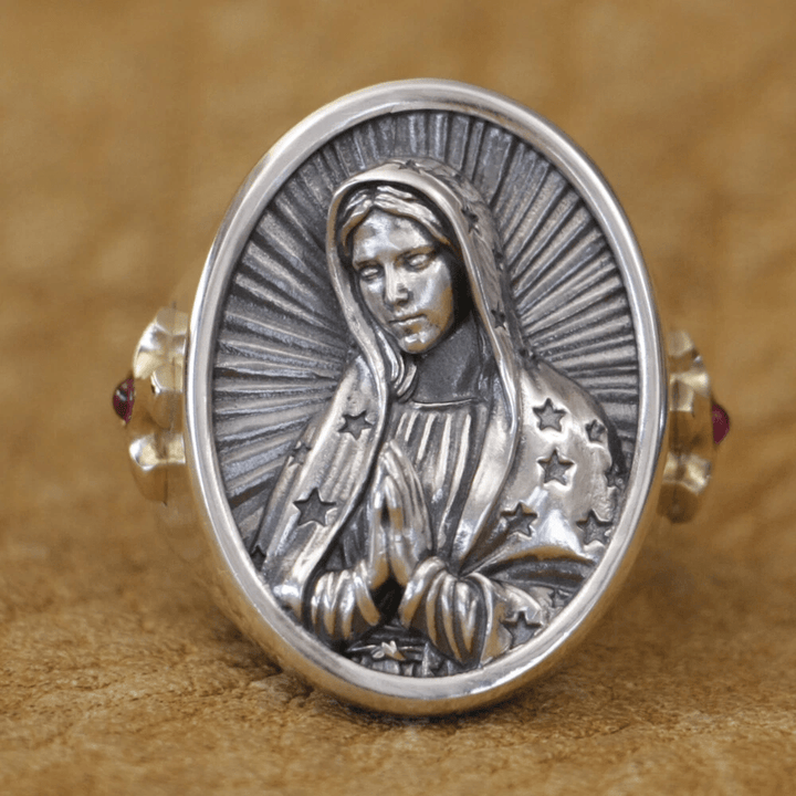 Christianartworkshop Virgin Mary Oval Ring in 925 Silver Divine Protection and Prayer - US 15 - image 0