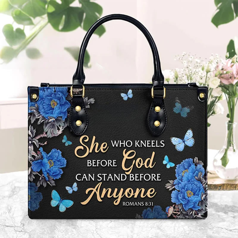 Christianartworkshop Elegant Floral Handbag with Scripture Quote: God Is with Her - Virgin Mary - image 1