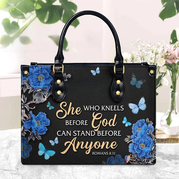 Christianartworkshop Elegant Floral Handbag with Scripture Quote: God Is with Her - Virgin Mary - image 1