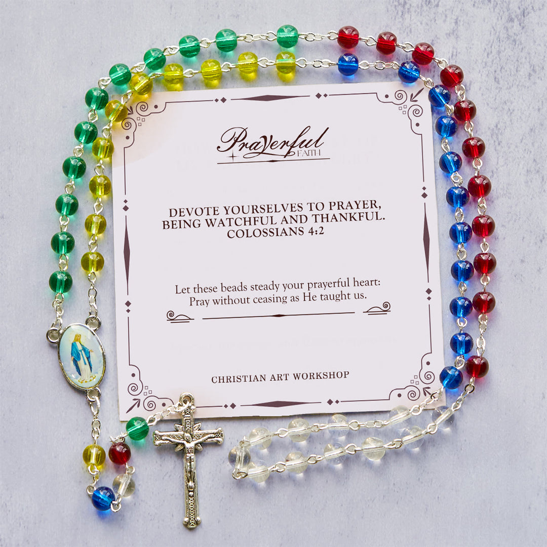 Christianartworkshop PRAYERFUL FAITH: 6mm Transparent Multicolor Rainbow Beads Rosary with Gift Card - Our Lady & Crucifix - image 1