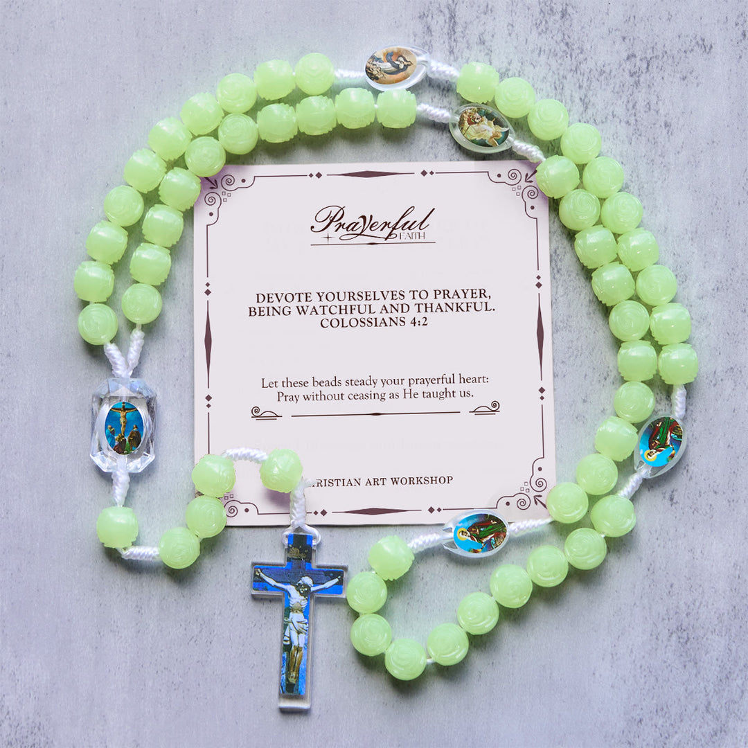 Christianartworkshop PRAYERFUL FAITH: Glow-in-the-Dark Green Beads Rosary with Gift Card - Our Lady & Crucifix - image 1