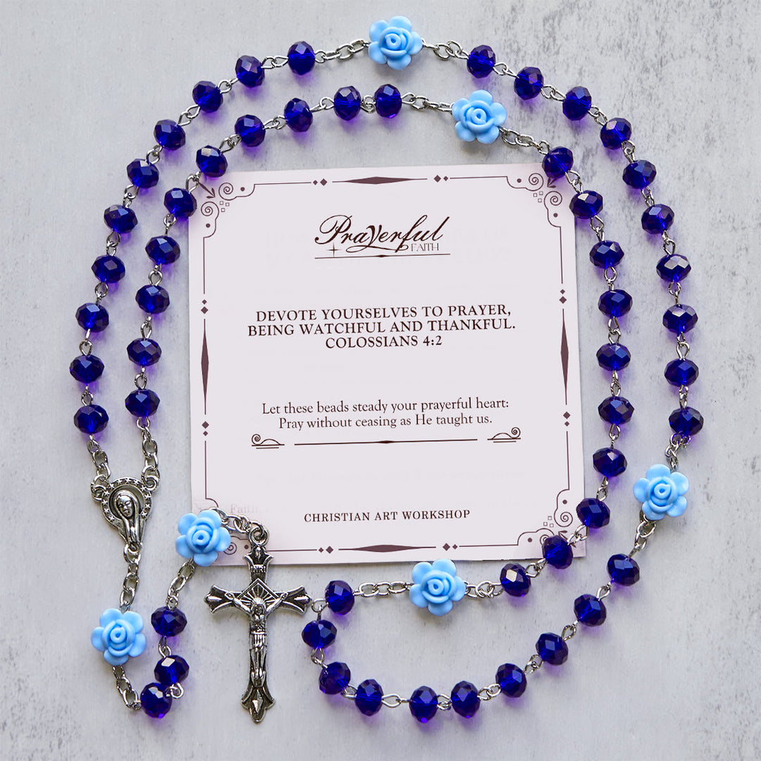 Christianartworkshop PRAYERFUL FAITH: Floral Rose Beads Multicolor Polyhedral Rosary with Gift Card - Blue - image 1