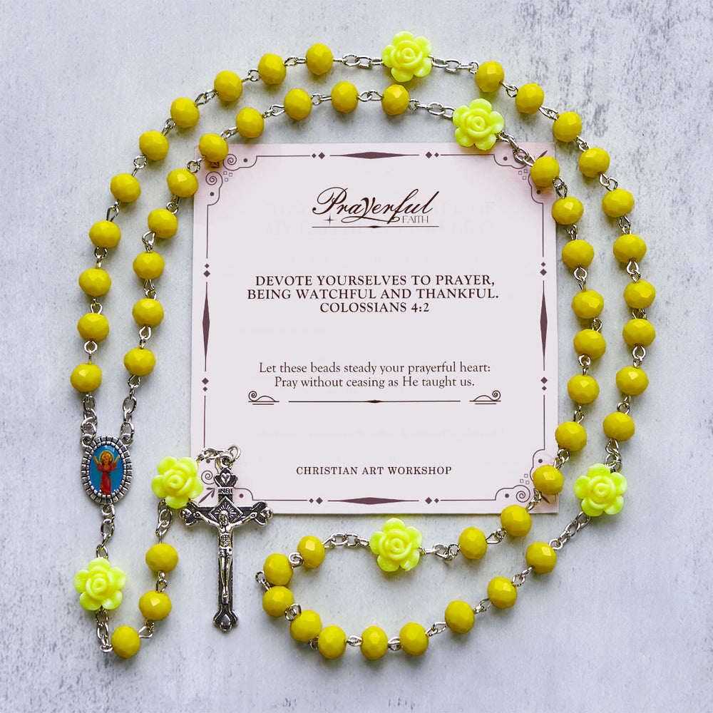 Christianartworkshop PRAYERFUL FAITH: Floral Rose Beads Multicolor Polyhedral Rosary with Gift Card - Yellow - image 2