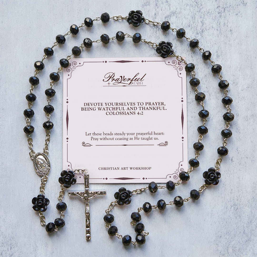 Christianartworkshop PRAYERFUL FAITH: Floral Rose Beads Multicolor Polyhedral Rosary with Gift Card - Black - image 4