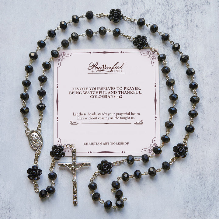 Christianartworkshop PRAYERFUL FAITH: Floral Rose Beads Multicolor Polyhedral Rosary with Gift Card - Black - image 4