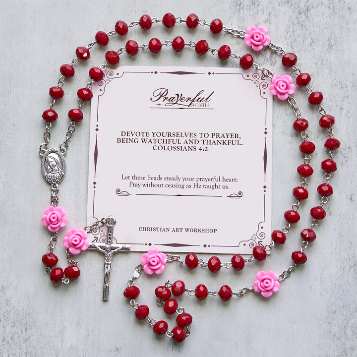 Christianartworkshop PRAYERFUL FAITH: Floral Rose Beads Multicolor Polyhedral Rosary with Gift Card - Red - image 3