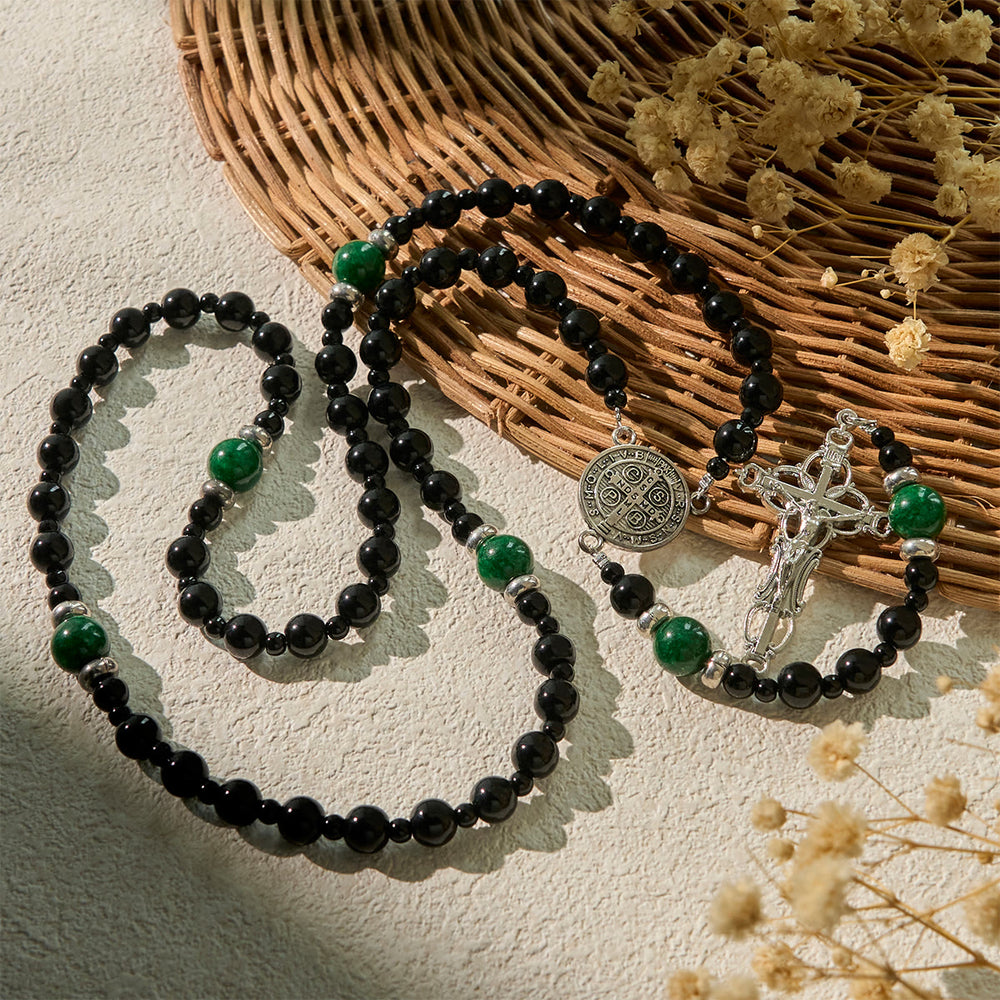 FREE Today: St. Benedict & Crucifix of 8mm Obsidian & Jade Bead Rosary - Faith and Sacred Connection - image 2