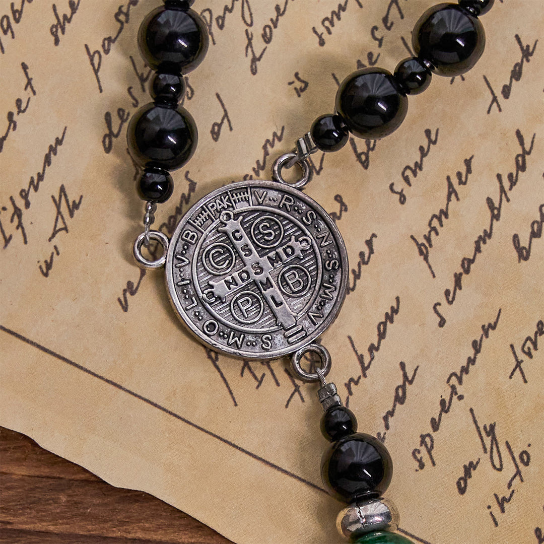 Christianartworkshop St. Benedict & Crucifix of 8mm Obsidian & Jade Handmade Bead Rosary - Faith and Sacred Connection - image 12