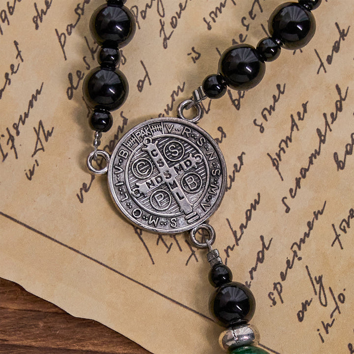 Christianartworkshop St. Benedict & Crucifix of 8mm Obsidian & Jade Handmade Bead Rosary - Faith and Sacred Connection - image 12