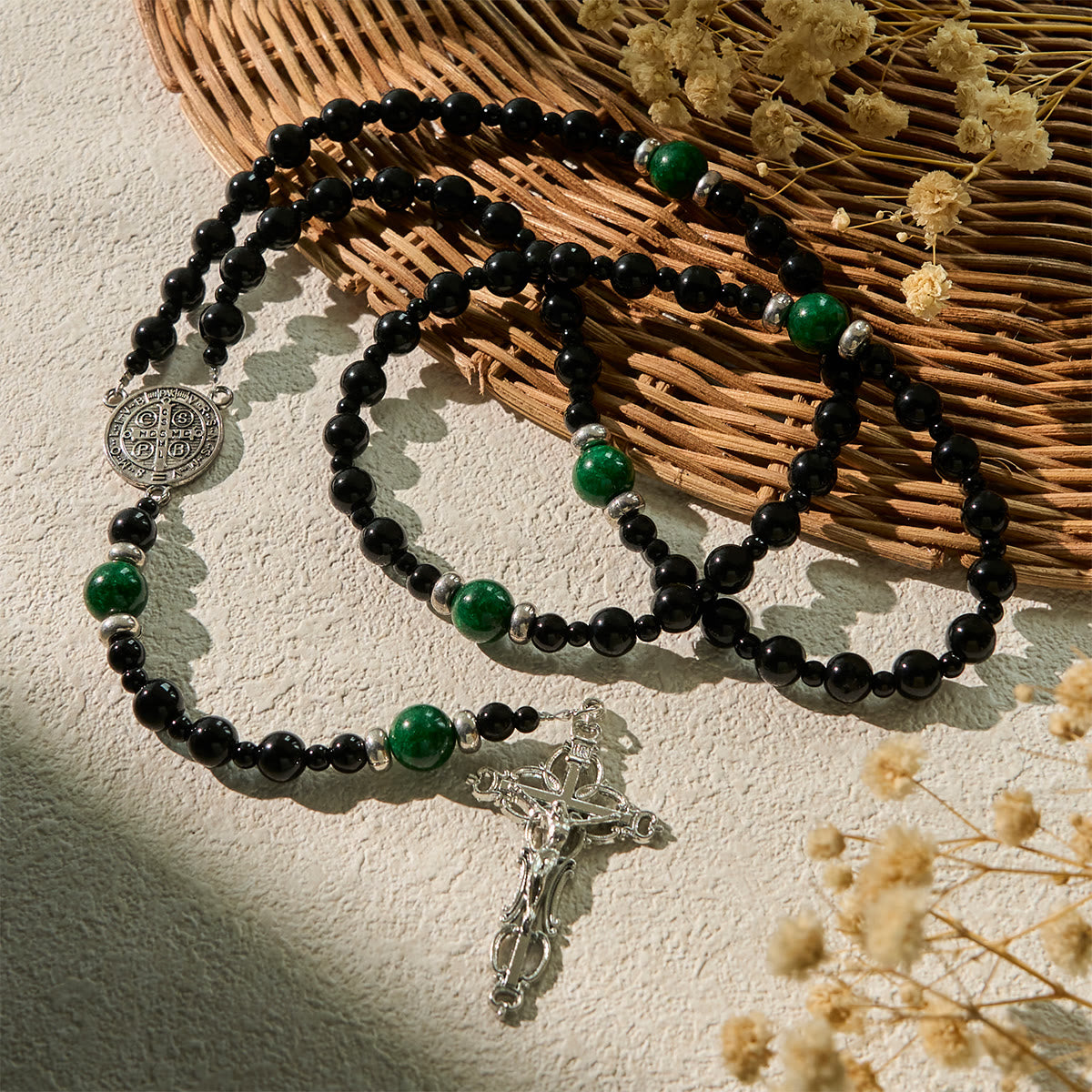 Handmade St. Benedict Rosary - 8mm Obsidian & Jade Beads with
