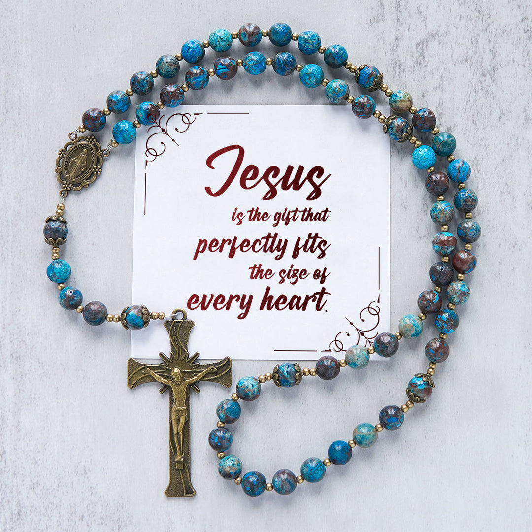 Christianartworkshop Jesus Is The Gift: Blue Pattern Beads Handmade Rosary of Authentic Larimar Stone - Jesus is the Gift - image 1