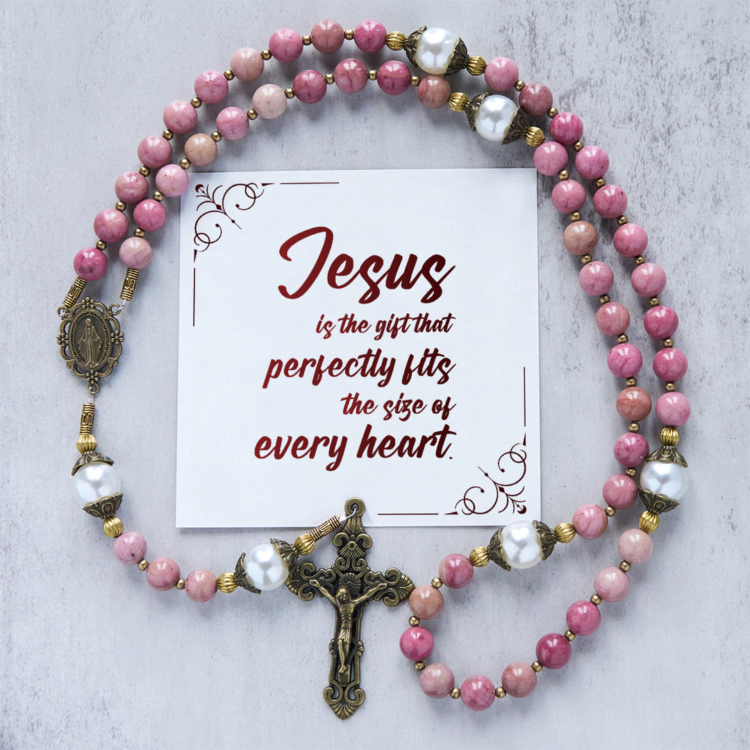 Christianartworkshop Jesus Is The Gift: Natural Red Wood Vein Stone Handmade Rosary with Gift Card - Jesus is the Gift - image 1