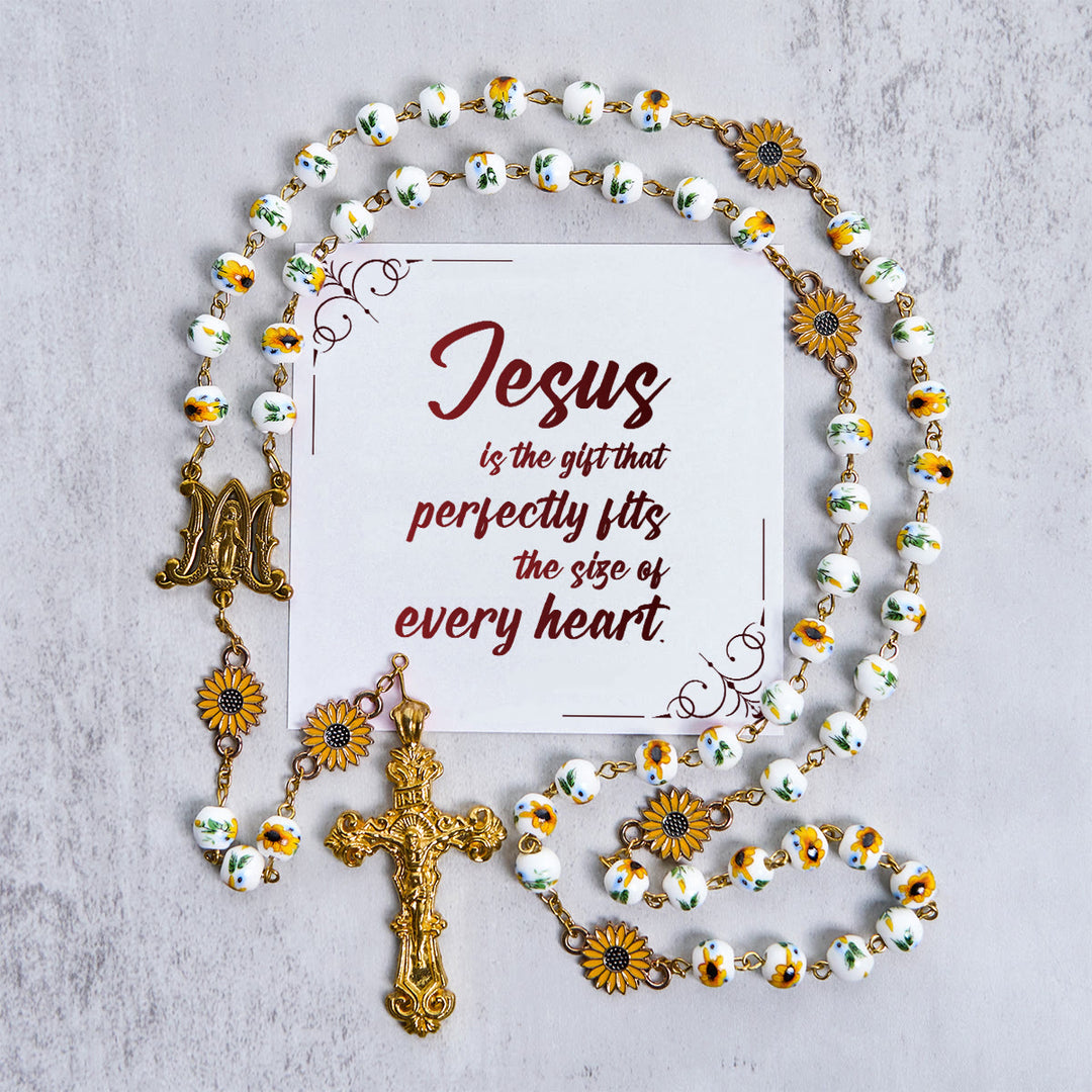 Christianartworkshop Jesus Is The Gift: Handmade Sunflower-Inspired Yellow Floral Rosary with Gift Card - Jesus is the Gift - image 1