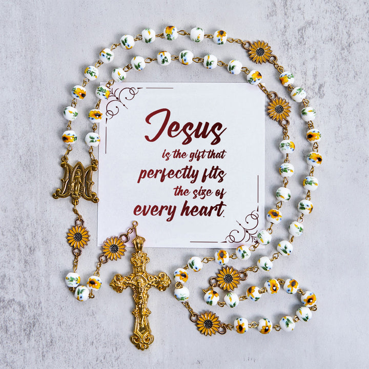Christianartworkshop Jesus Is The Gift: Handmade Sunflower-Inspired Yellow Floral Rosary with Gift Card - Jesus is the Gift - image 1