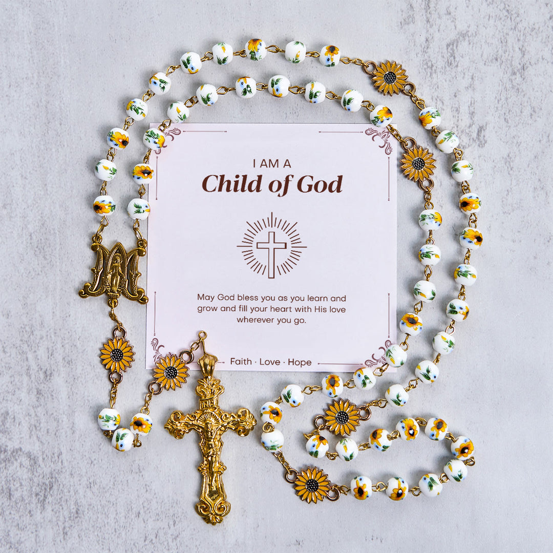 Christianartworkshop Jesus Is The Gift: Handmade Sunflower-Inspired Yellow Floral Rosary with Gift Card - Child of God - image 2