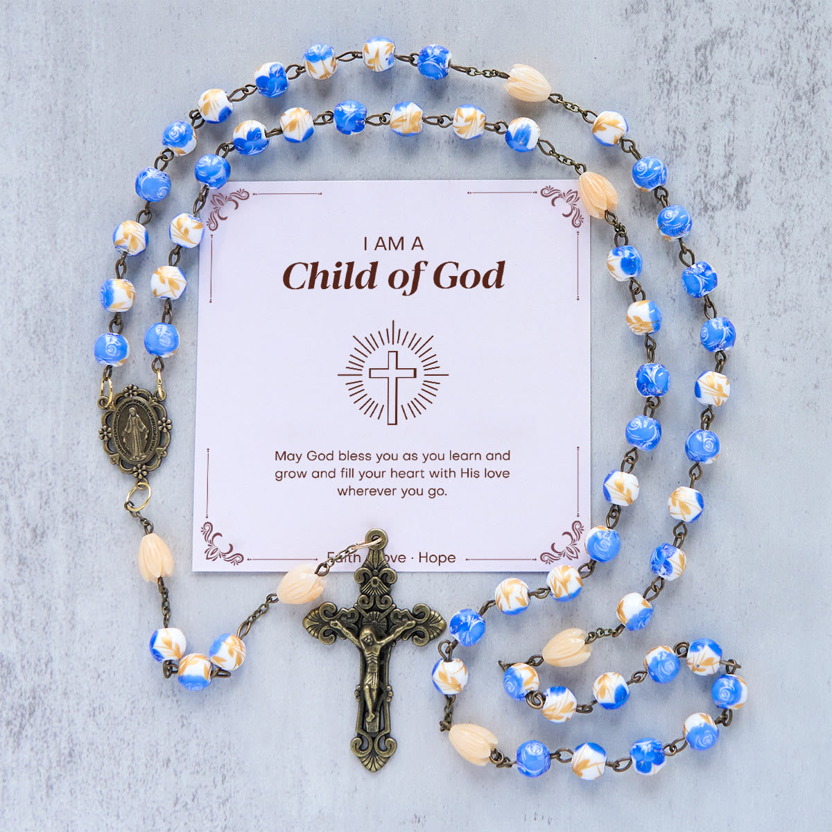 Handmade Blue Rose Floral Rosary with Miraculous Medal & Crucifix