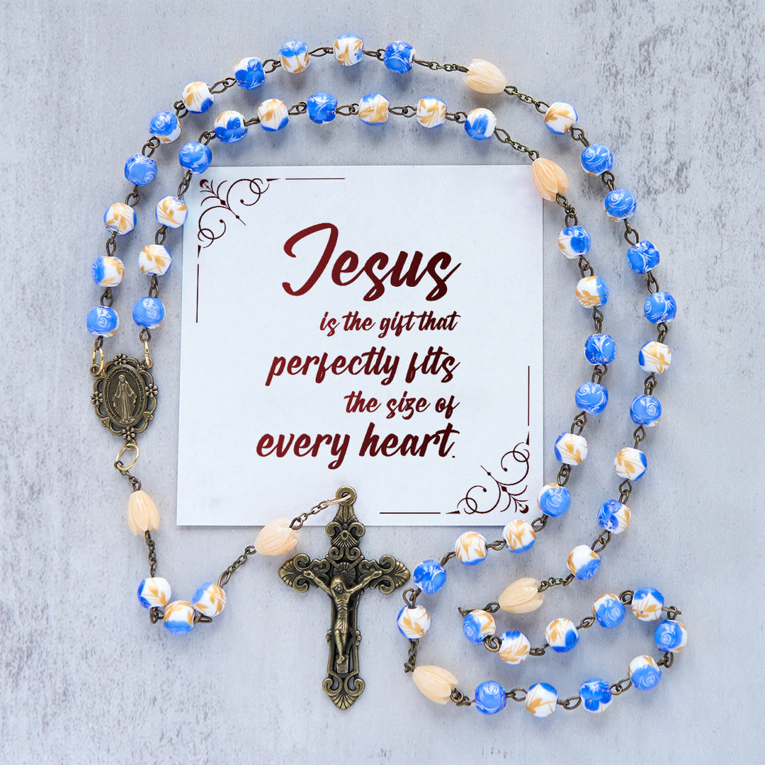 Christianartworkshop Jesus Is The Gift: Handmade Floral Rosary with Blue Rose Beads & Lily of Valley - Jesus is the Gift - image 1