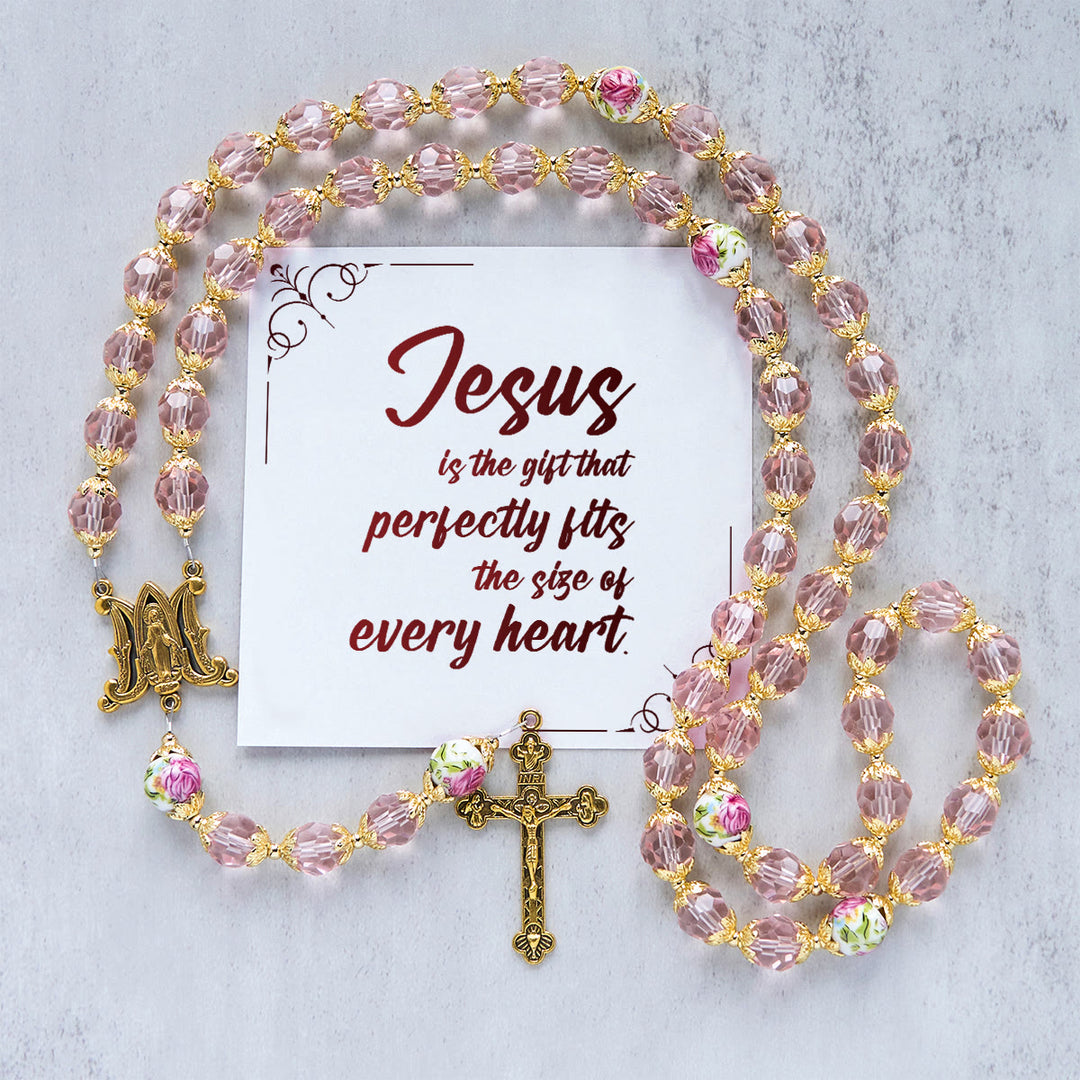 Christianartworkshop Jesus Is The Gift: Pink Crystal Beads Crucifix & Virgin Mary Rosary with Gift Card - Jesus is the Gift - image 1