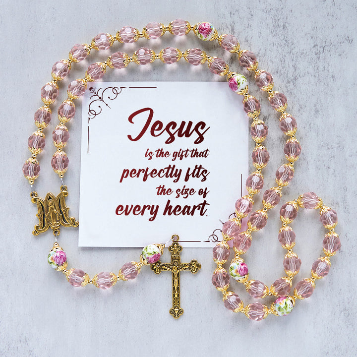 Christianartworkshop Jesus Is The Gift: Pink Crystal Beads Crucifix & Virgin Mary Rosary with Gift Card - Jesus is the Gift - image 1