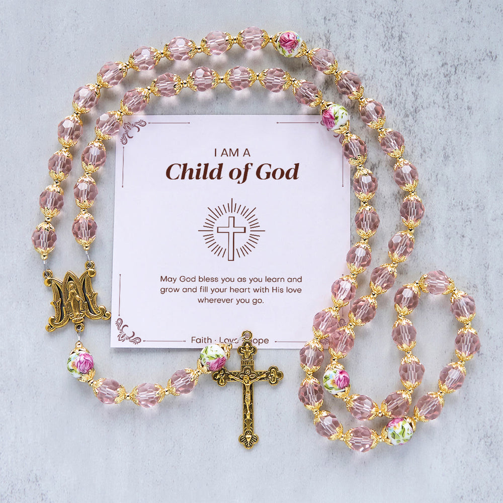 Christianartworkshop Jesus Is The Gift: Pink Crystal Beads Crucifix & Virgin Mary Rosary with Gift Card - Child of God - image 2