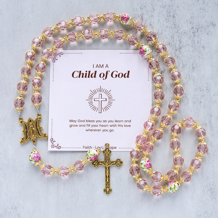 Christianartworkshop Jesus Is The Gift: Pink Crystal Beads Crucifix & Virgin Mary Rosary with Gift Card - Child of God - image 2