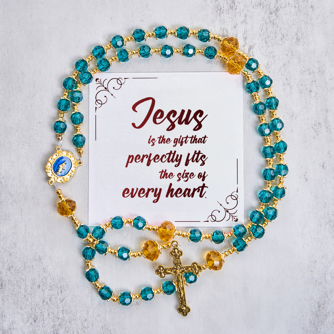 Christianartworkshop Jesus Is The Gift: Handmade Peacock Blue Crystal Beads Rosary with Gift Card - Jesus is the Gift - image 1