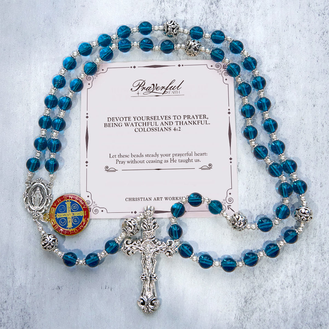Christianartworkshop PRAYERFUL FAITH: Handmade Crucifix Clear Blue Glass Rosary with Gift Card - PRAYERFUL FAITH - image 1